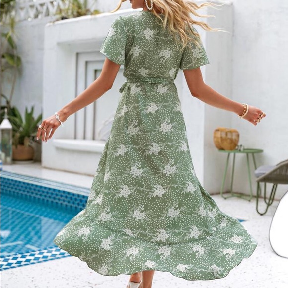 Simplee Slit Bell Sleeve Floral Ruffle Wrap Dress - Picture 6 of 8